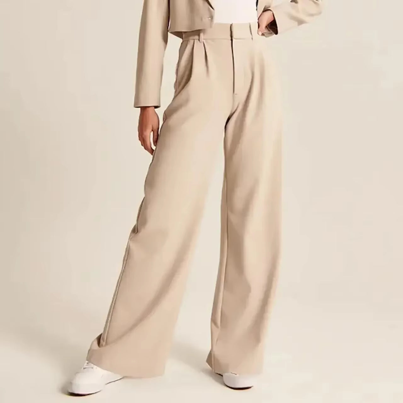 Womens Casual Wide Leg Pants Office Lady High Waisted Work Solid Color Tailored Button down Trousers with Pockets Suit Pants