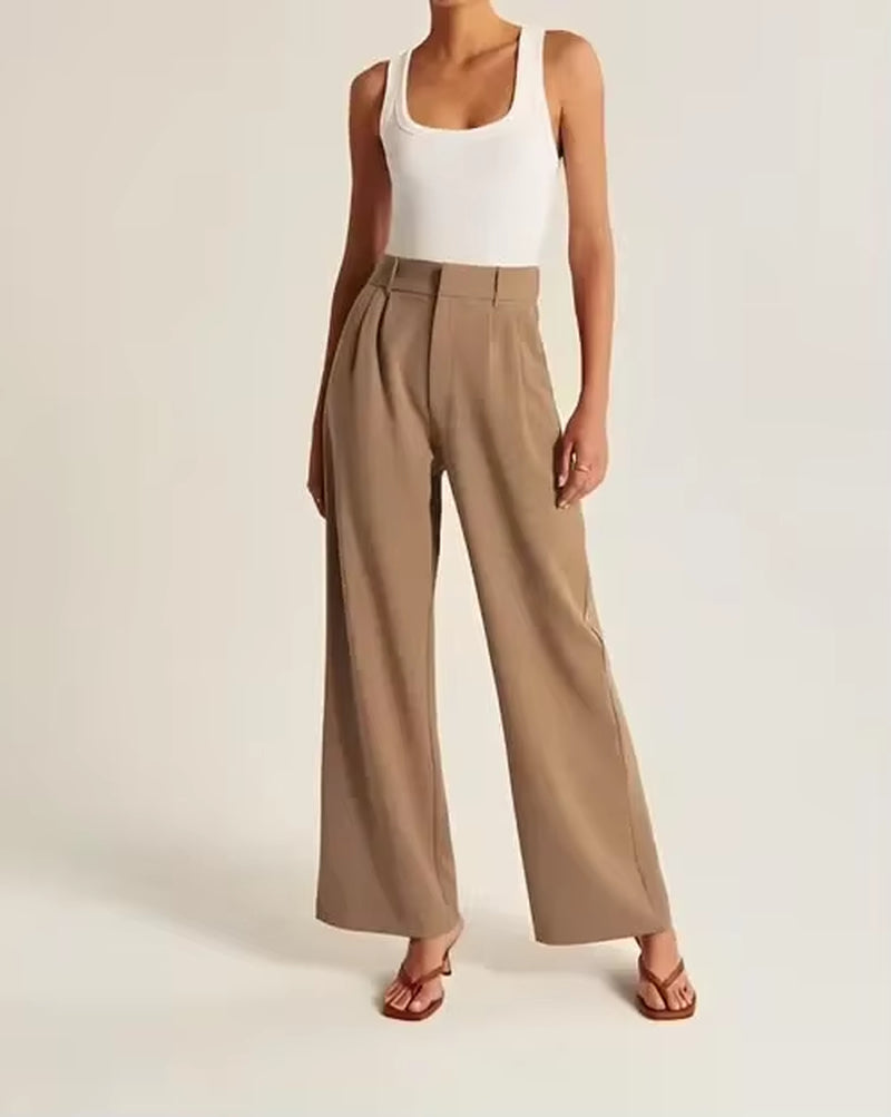 Womens Casual Wide Leg Pants Office Lady High Waisted Work Solid Color Tailored Button down Trousers with Pockets Suit Pants