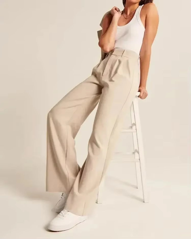 Womens Casual Wide Leg Pants Office Lady High Waisted Work Solid Color Tailored Button down Trousers with Pockets Suit Pants